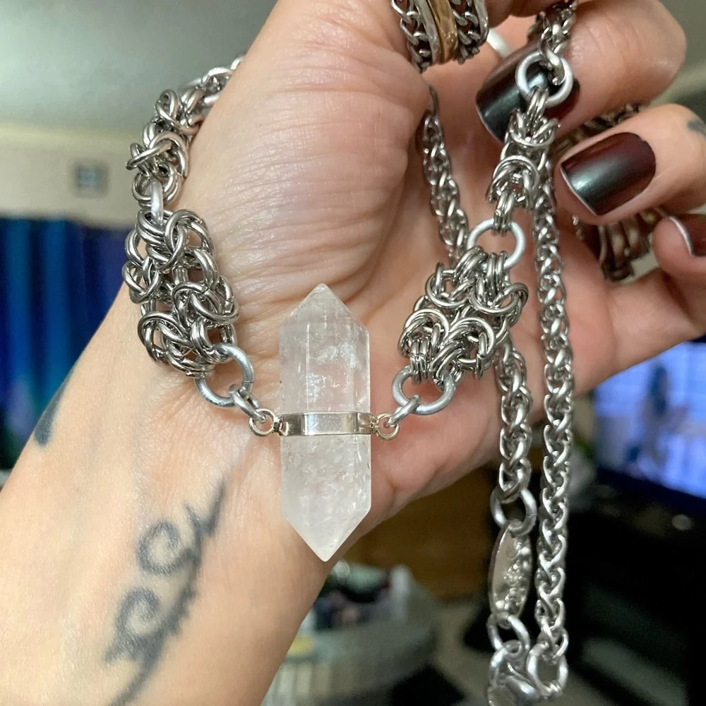 Genuine Double point clear crystal quartz maille silver boho choker necklace . - Picture 10 of 12